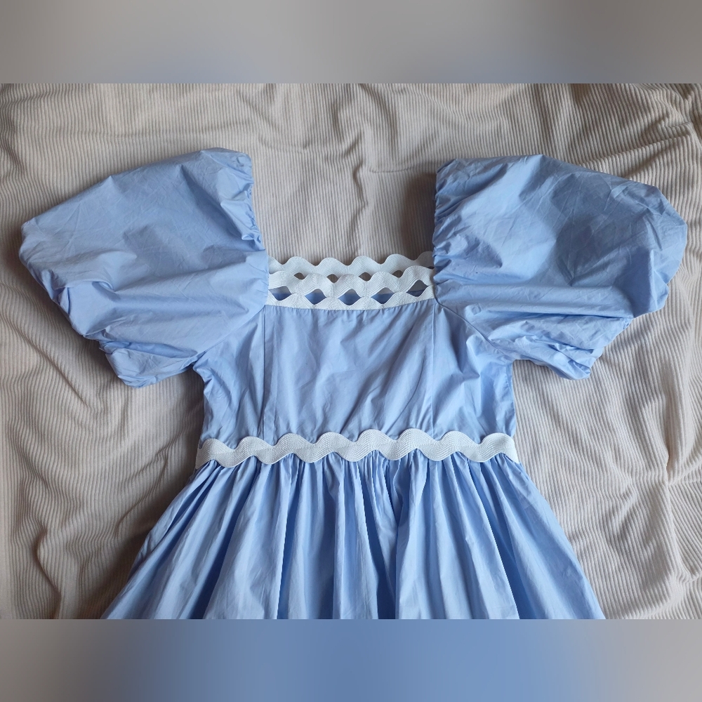 English Factory Scallop-Trim Cotton Midi Dress Sz L Blue Ecru Trim Nwt - Picture 10 of 16